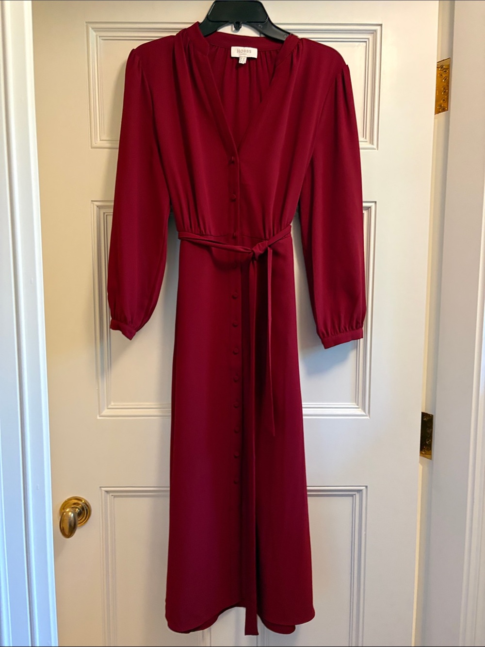 Hobbs London Burgundy Button-Front Maxi Dress with Waist Tie